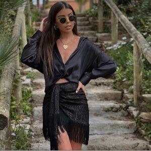 NWT ZARA Printed Sarong Fringe Skirt XS BloggerFav